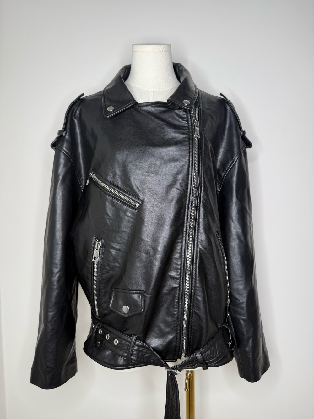 Zara Black Leather Motorcycle Jacket with Zip Details
